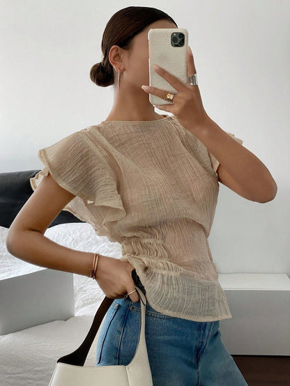 Siren Gaze Women Plain Crew Neck Ruffle Sleeve Cinched Waist Blouse Christmas Red Summer New Year Burgundy Casual Valentine's Day Elegant