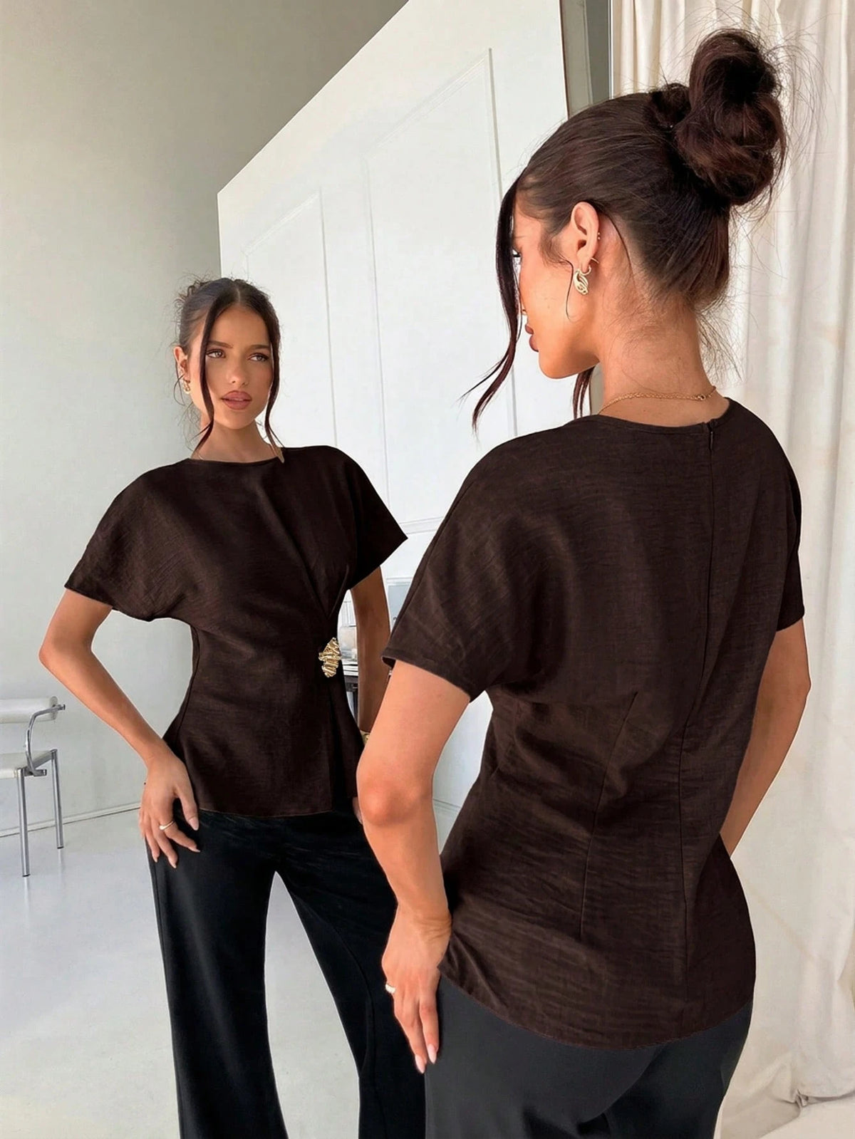 Siren Gaze Women's Casual Vacation & Commute Batwing Sleeve Metallic Decor Pleated Waist Blouse, Summer Elegant