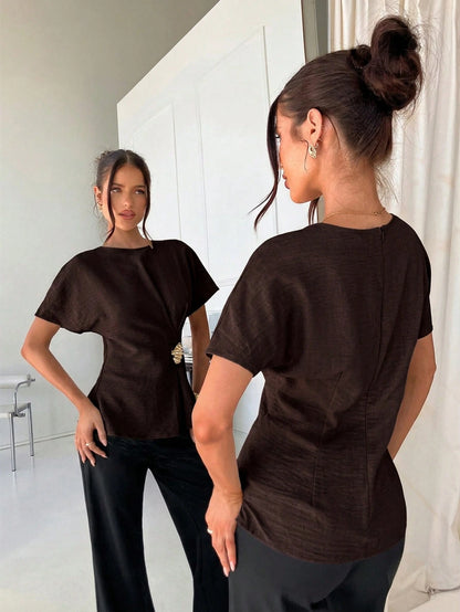Siren Gaze Women's Casual Vacation & Commute Batwing Sleeve Metallic Decor Pleated Waist Blouse, Summer Elegant