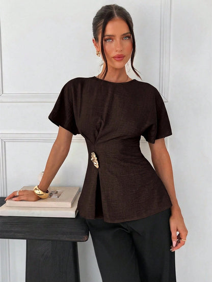 Siren Gaze Women's Casual Vacation & Commute Batwing Sleeve Metallic Decor Pleated Waist Blouse, Summer Elegant