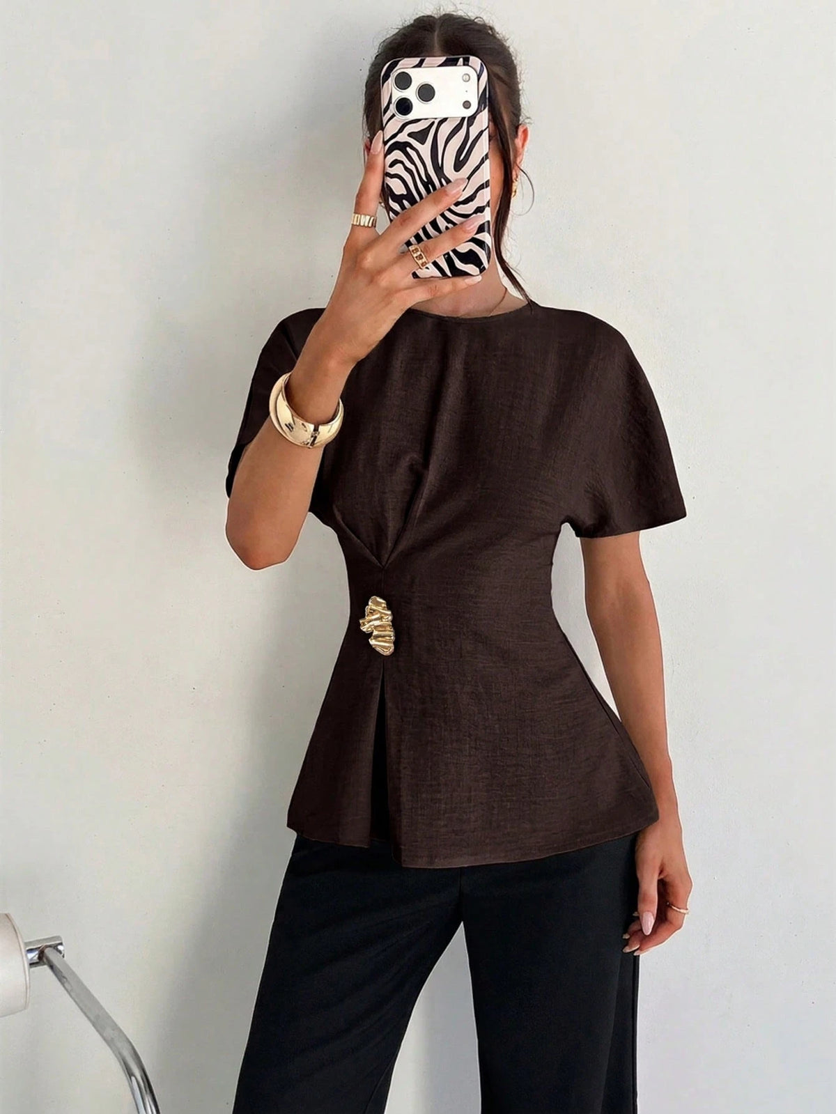 Siren Gaze Women's Casual Vacation & Commute Batwing Sleeve Metallic Decor Pleated Waist Blouse, Summer Elegant