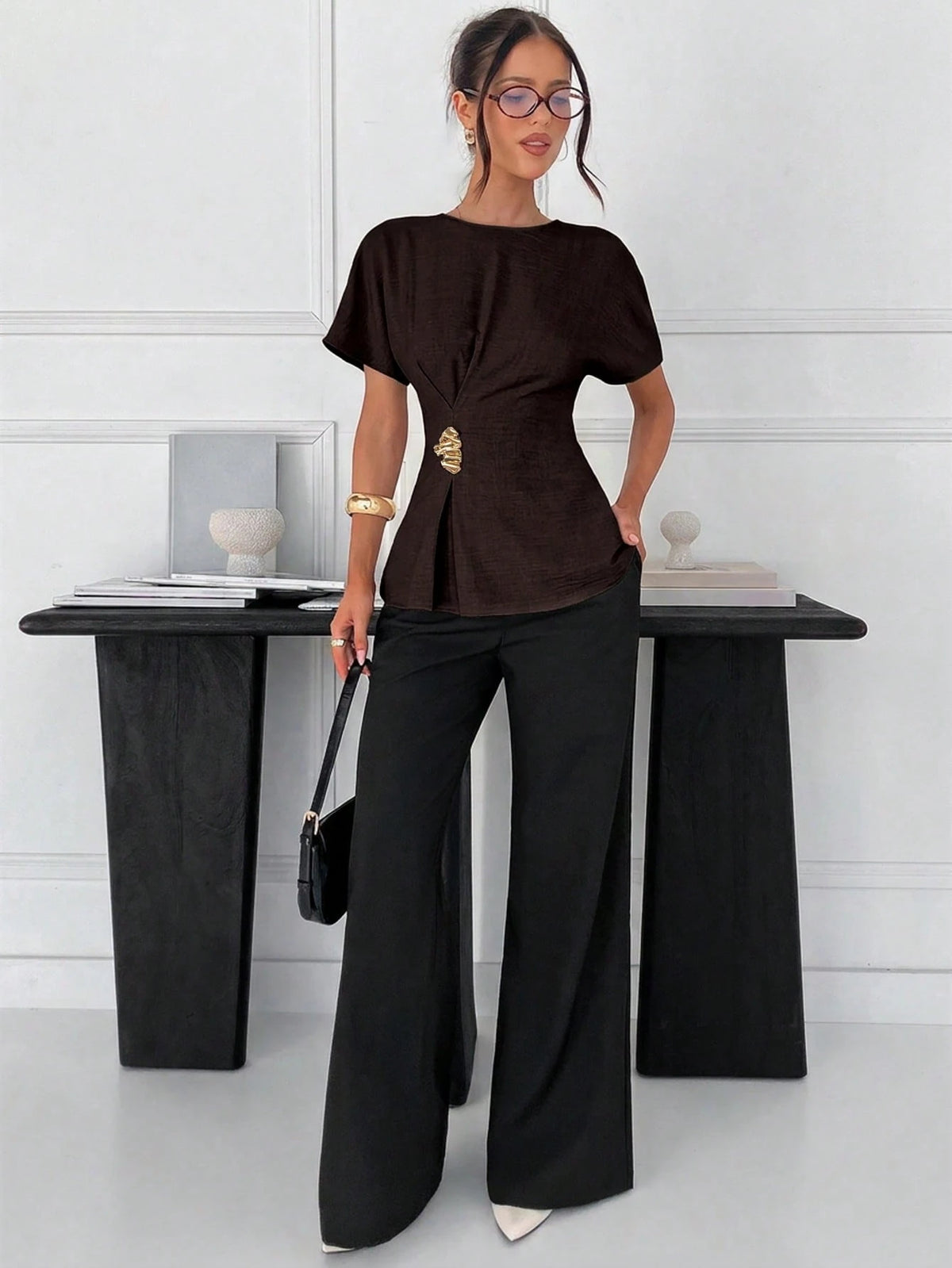Siren Gaze Women's Casual Vacation & Commute Batwing Sleeve Metallic Decor Pleated Waist Blouse, Summer Elegant
