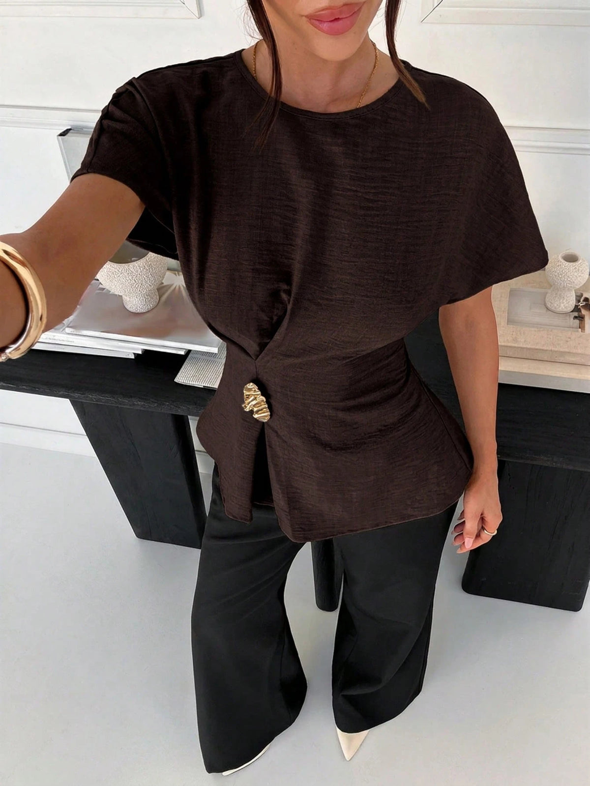 Siren Gaze Women's Casual Vacation & Commute Batwing Sleeve Metallic Decor Pleated Waist Blouse, Summer Elegant