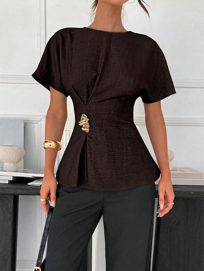 Siren Gaze Women's Casual Vacation & Commute Batwing Sleeve Metallic Decor Pleated Waist Blouse, Summer Elegant