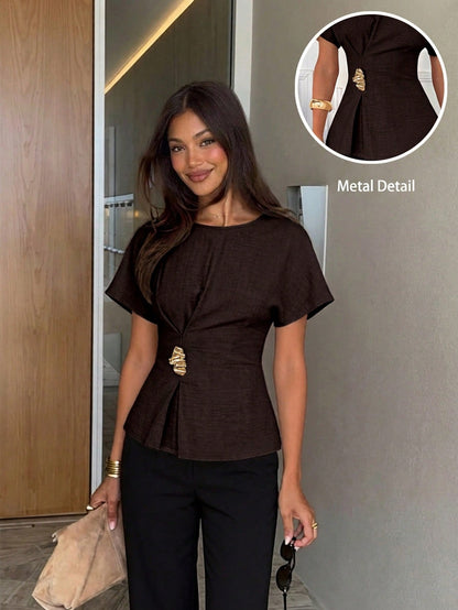 Siren Gaze Women's Casual Vacation & Commute Batwing Sleeve Metallic Decor Pleated Waist Blouse, Summer Elegant