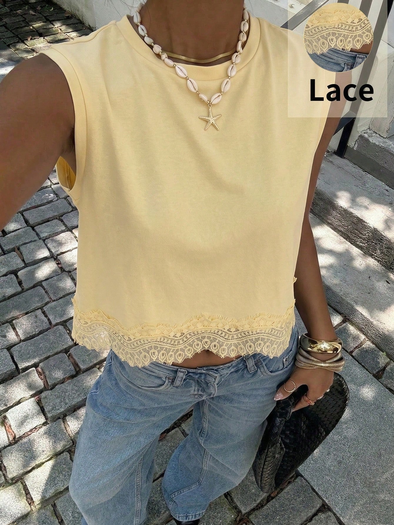Siren Gaze Women's Casual Vacation & Commute Lace Hem Loose Tank Top, Minimalist Solid Color,Summer Top