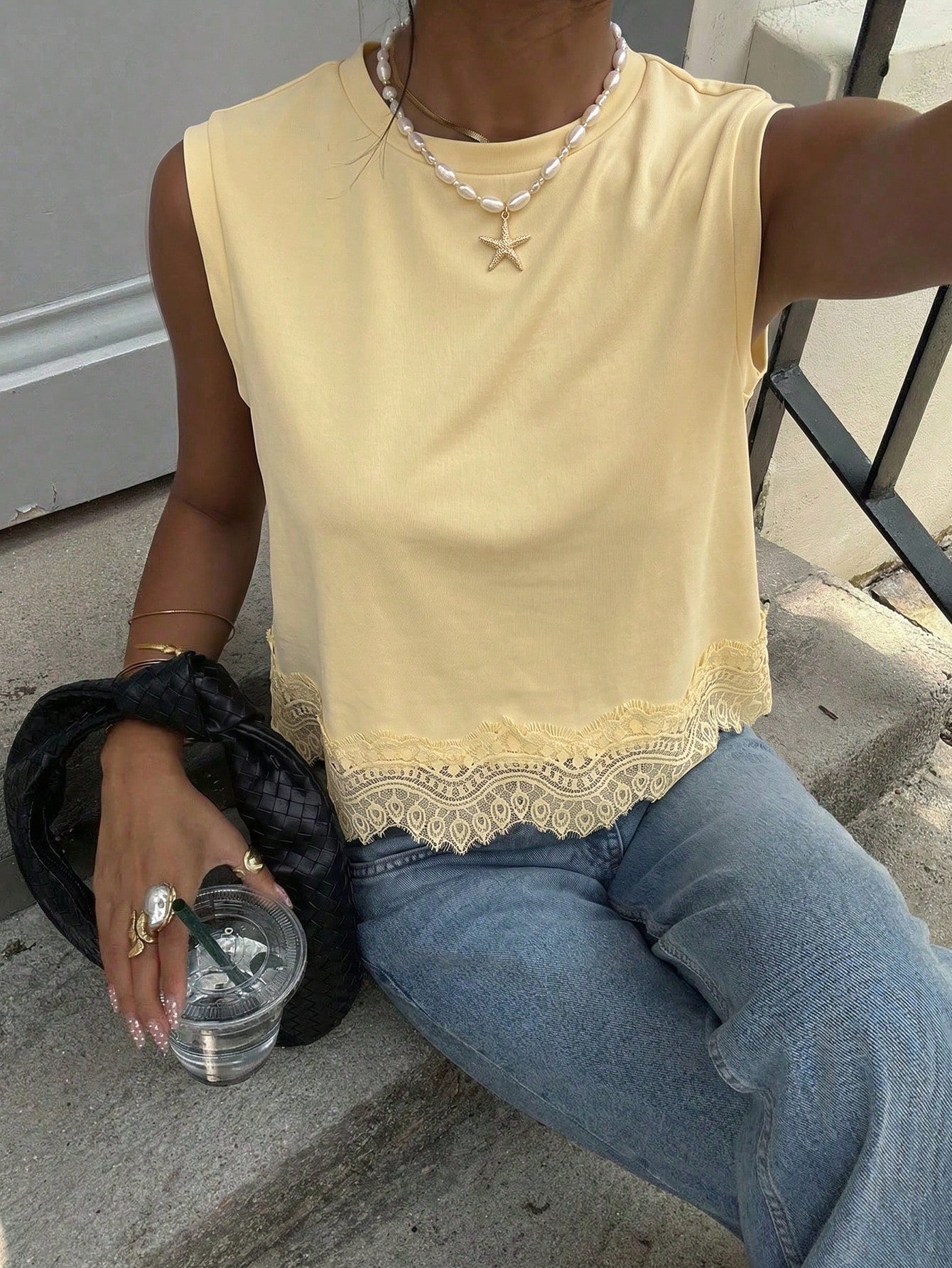 Siren Gaze Women's Casual Vacation & Commute Lace Hem Loose Tank Top, Minimalist Solid Color,Summer Top