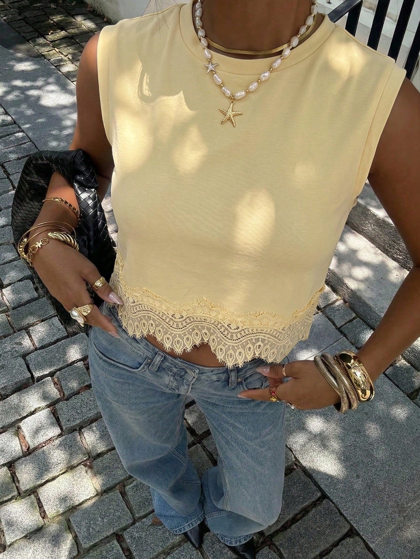 Siren Gaze Women's Casual Vacation & Commute Lace Hem Loose Tank Top, Minimalist Solid Color,Summer Top