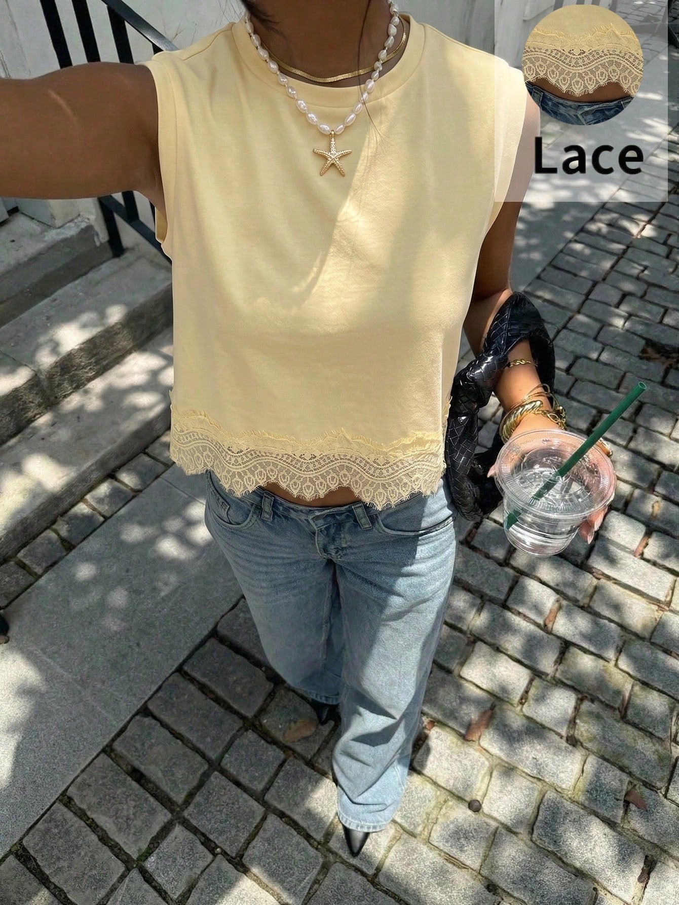 Siren Gaze Women's Casual Vacation & Commute Lace Hem Loose Tank Top, Minimalist Solid Color,Summer Top
