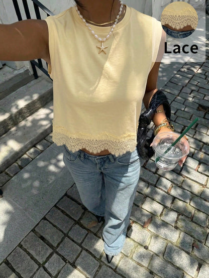 Siren Gaze Women's Casual Vacation & Commute Lace Hem Loose Tank Top, Minimalist Solid Color,Summer Top