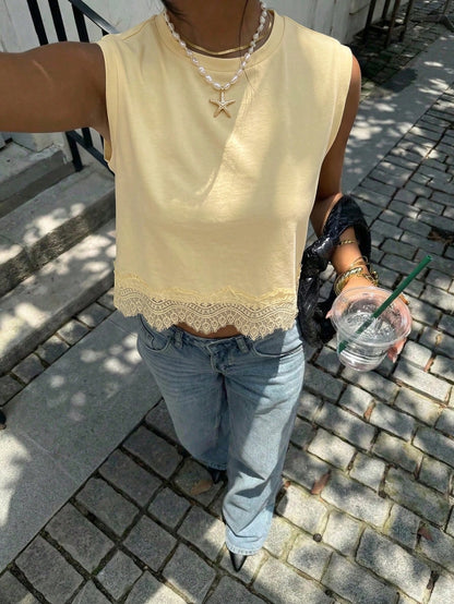 Siren Gaze Women's Casual Vacation & Commute Lace Hem Loose Tank Top, Minimalist Solid Color,Summer Top