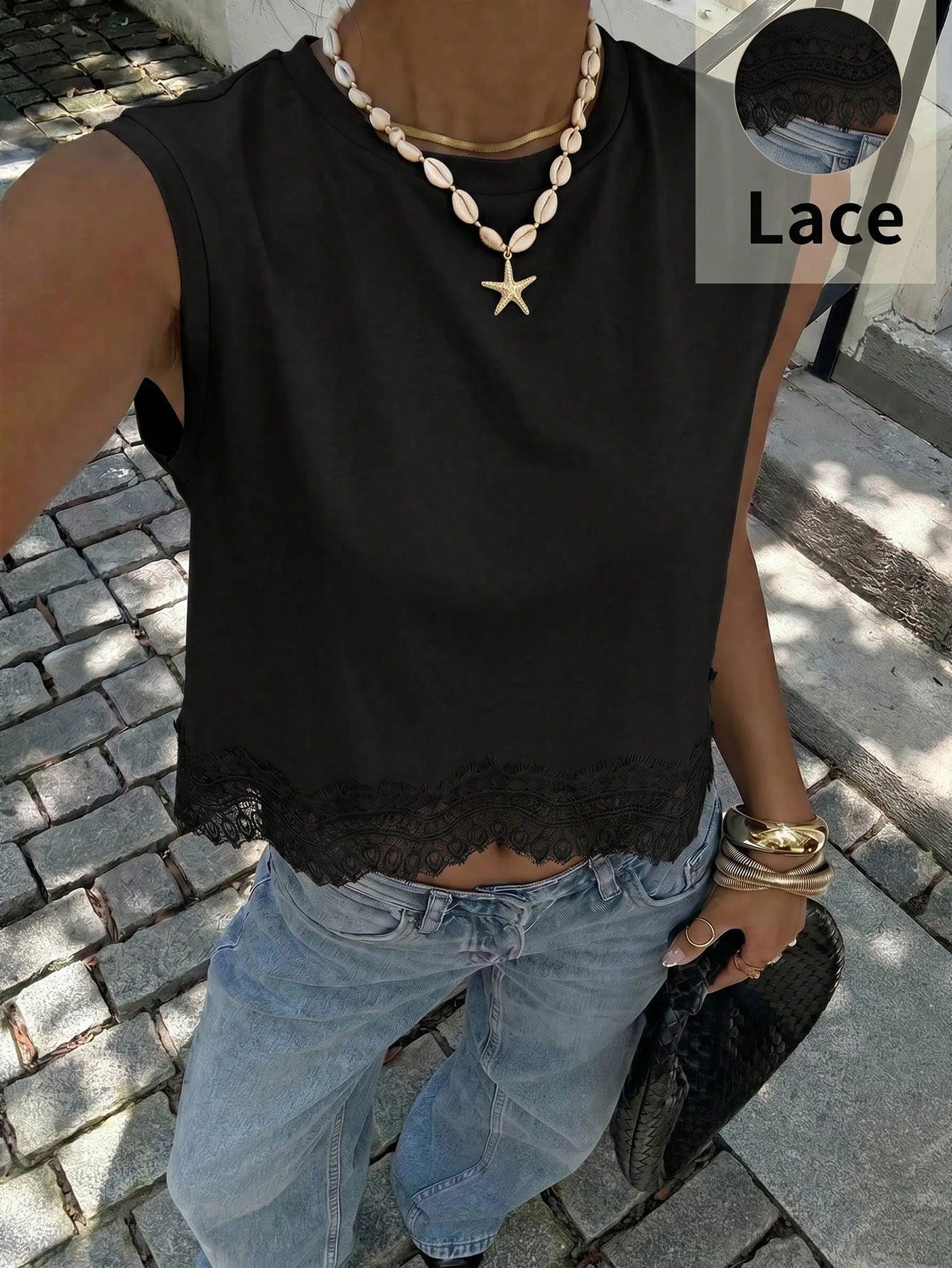 Siren Gaze Women's Casual Vacation & Commute Lace Hem Loose Tank Top, Minimalist Solid Color,Summer Top