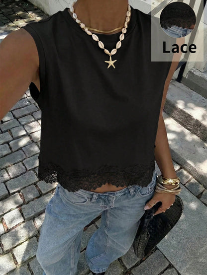Siren Gaze Women's Casual Vacation & Commute Lace Hem Loose Tank Top, Minimalist Solid Color,Summer Top