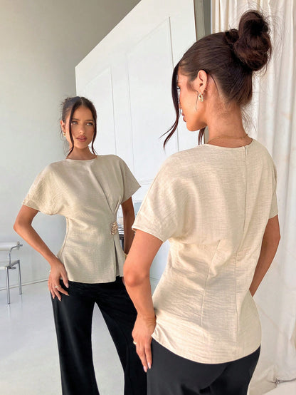 Siren Gaze Women's Elegant Unique Gold Summer Casual Office Shirt,Round Neck Batwing Short Sleeve Peplum Top With Metal Buckle Detail,Elegant Business T-Shirt