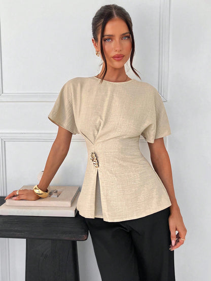 Siren Gaze Women's Elegant Unique Gold Summer Casual Office Shirt,Round Neck Batwing Short Sleeve Peplum Top With Metal Buckle Detail,Elegant Business T-Shirt