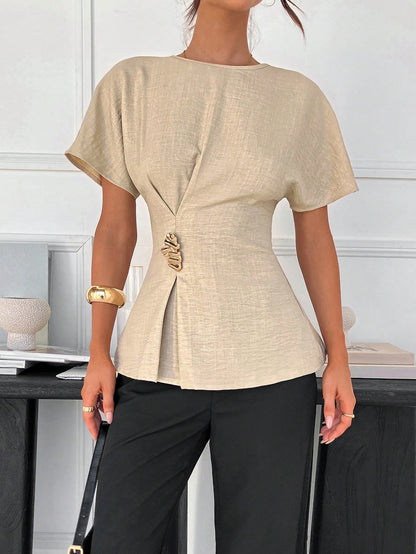 Siren Gaze Women's Elegant Unique Gold Summer Casual Office Shirt,Round Neck Batwing Short Sleeve Peplum Top With Metal Buckle Detail,Elegant Business T-Shirt