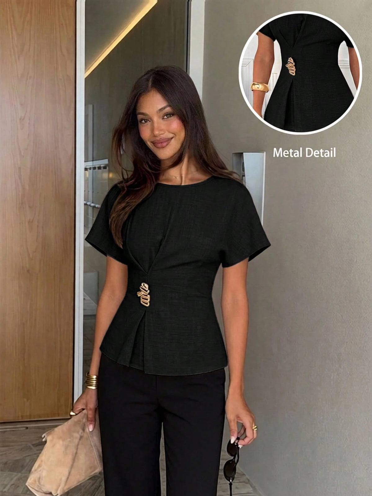Siren Gaze Women's Elegant Unique Gold Summer Casual Office Shirt,Round Neck Batwing Short Sleeve Peplum Top With Metal Buckle Detail,Elegant Business T-Shirt