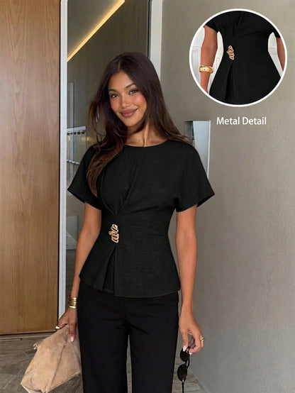 Siren Gaze Women's Elegant Unique Gold Summer Casual Office Shirt,Round Neck Batwing Short Sleeve Peplum Top With Metal Buckle Detail,Elegant Business T-Shirt