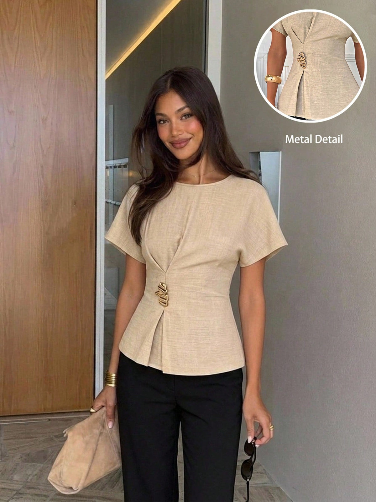 Siren Gaze Women's Elegant Unique Gold Summer Casual Office Shirt,Round Neck Batwing Short Sleeve Peplum Top With Metal Buckle Detail,Elegant Business T-Shirt