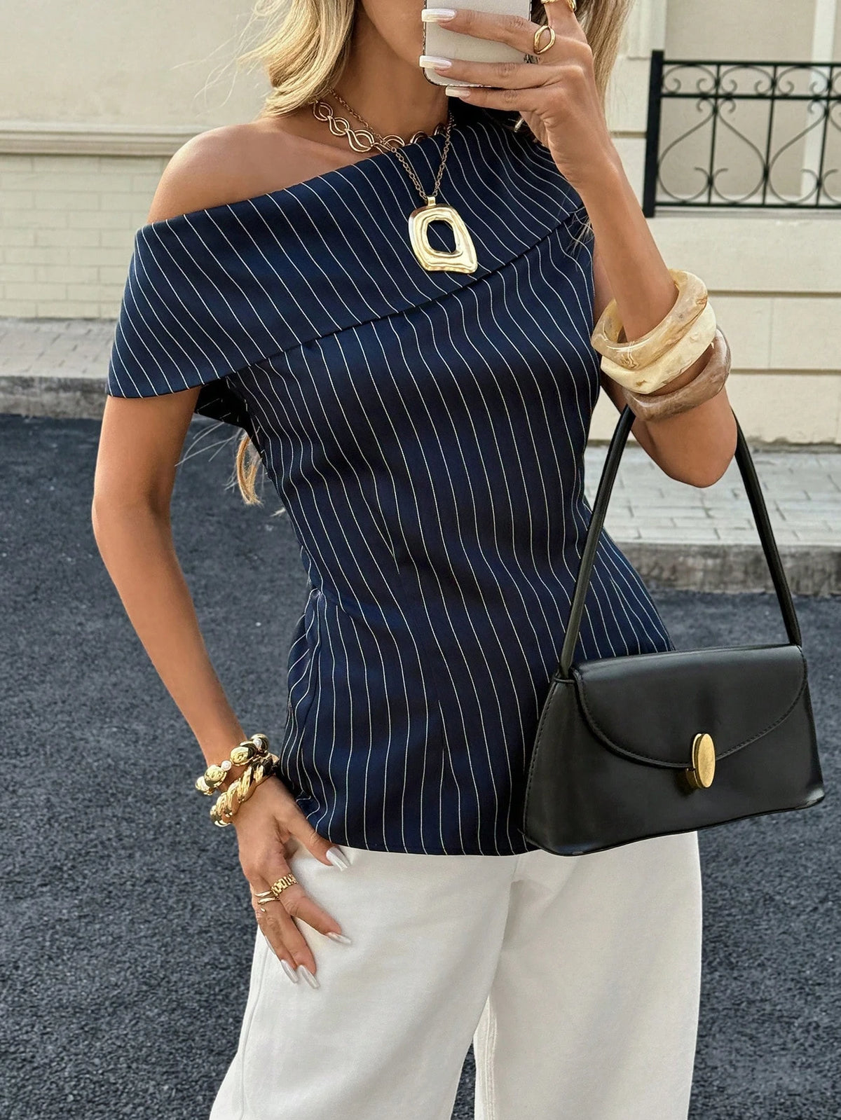 Siren Gaze Women's Pinstripe Short Sleeve Ruffle Top Spring Summer Fashion Stylish Blouse Casual Short Sleeve Top Classy Summer Office Navy Blue And White