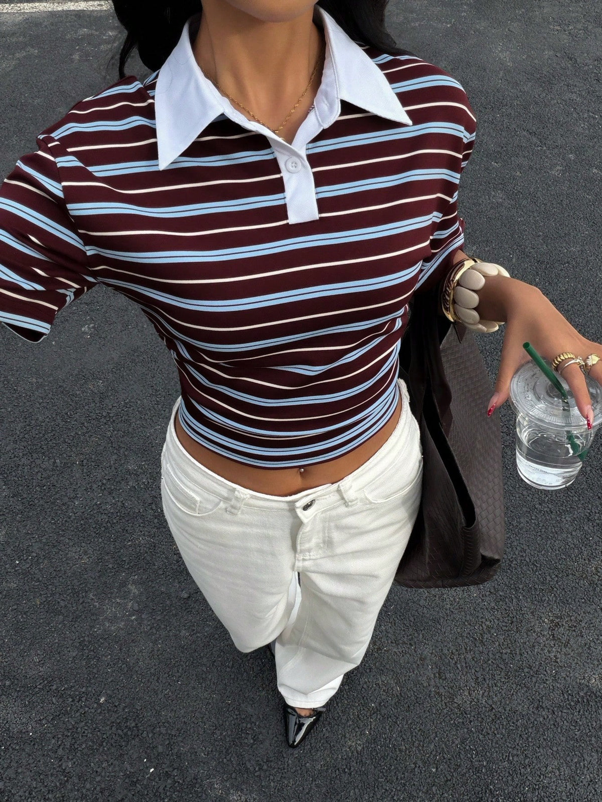 Siren Gaze Women's Retro 2000s Basic Sexy Preppy Blue And White Stripe Polo Shirt, Summer Casual Short Sleeve Striped T-Shirt For School, Back-To-School Top Golf