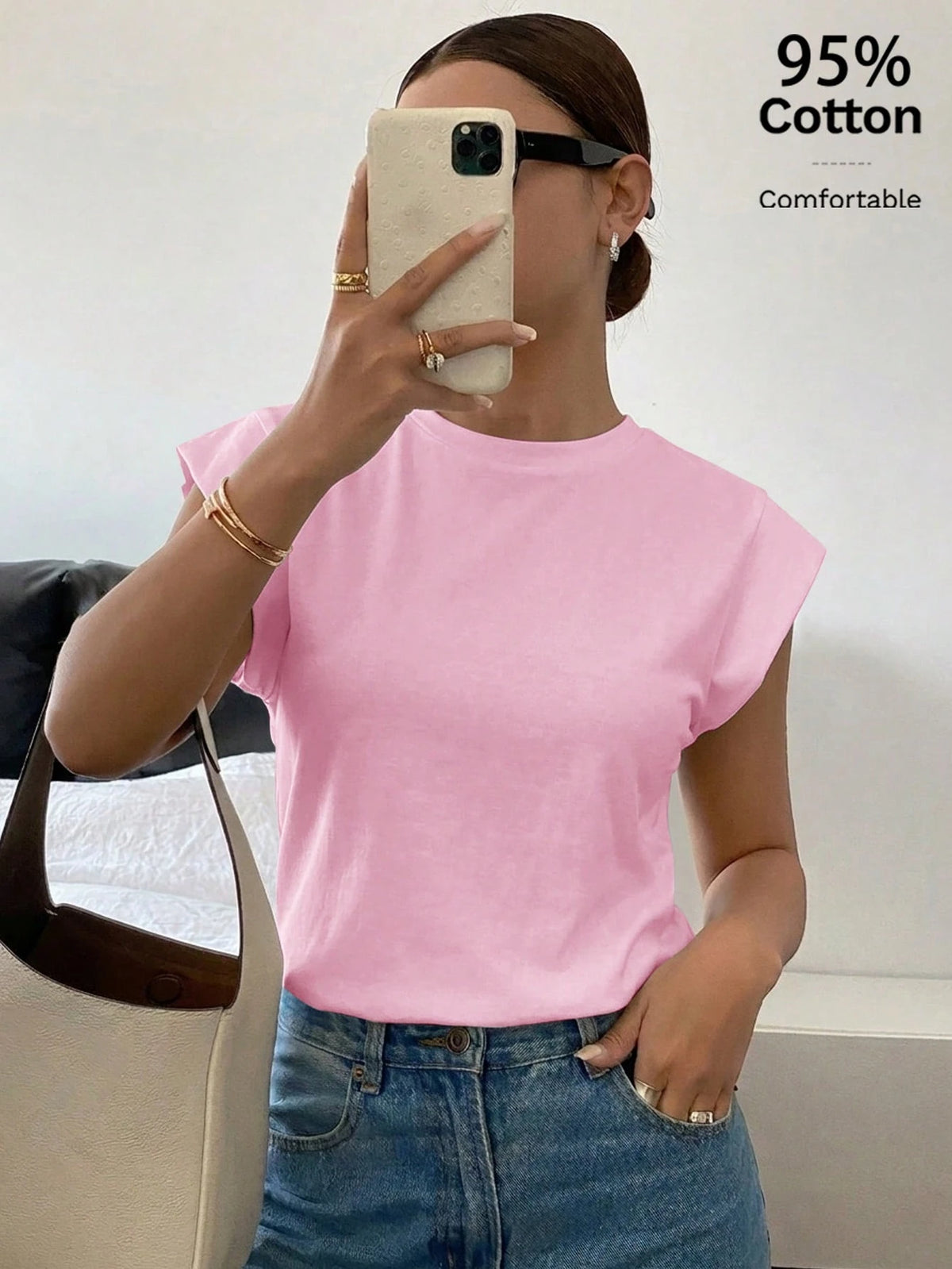Siren Gaze Women's Solid Color Casual Modest Versatile Daily Outing Everyday T-Shirt Soft Pink Summer