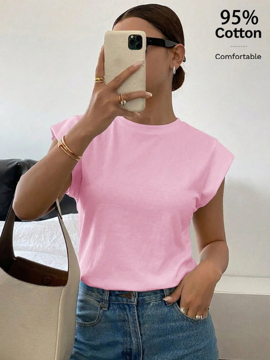 Siren Gaze Women's Solid Color Casual Modest Versatile Daily Outing Everyday T-Shirt Soft Pink Summer