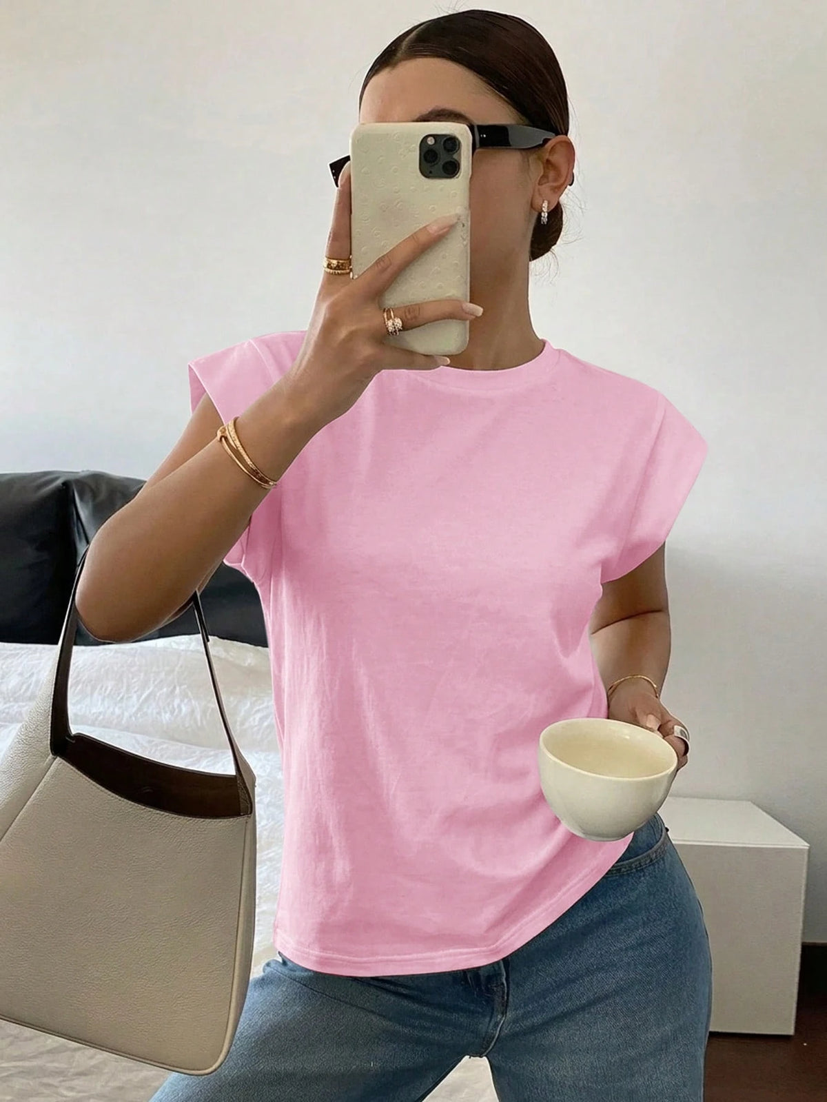 Siren Gaze Women's Solid Color Casual Modest Versatile Daily Outing Everyday T-Shirt Soft Pink Summer