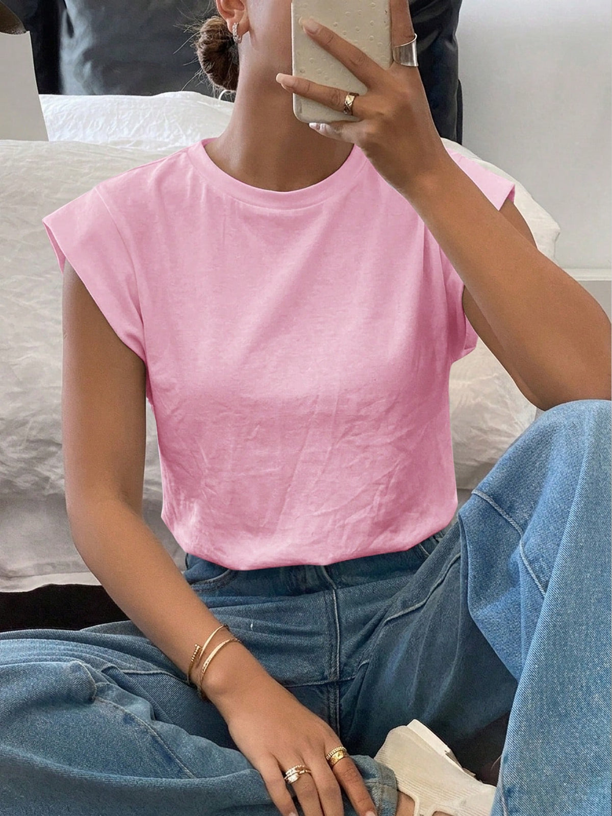 Siren Gaze Women's Solid Color Casual Modest Versatile Daily Outing Everyday T-Shirt Soft Pink Summer