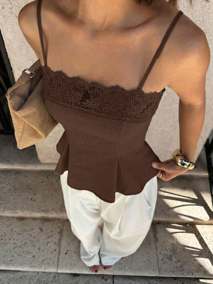 Siren Gaze Women's Solid Color Contrast Lace Pleated Hem Camisole Tank Top