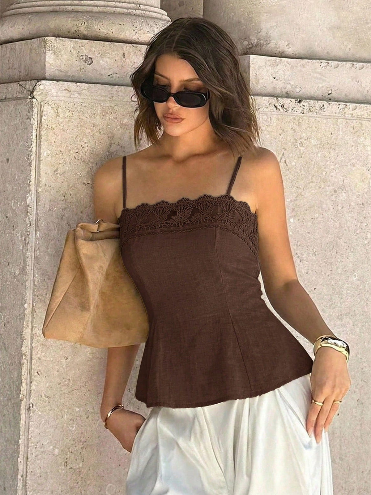 Siren Gaze Women's Solid Color Contrast Lace Pleated Hem Camisole Tank Top
