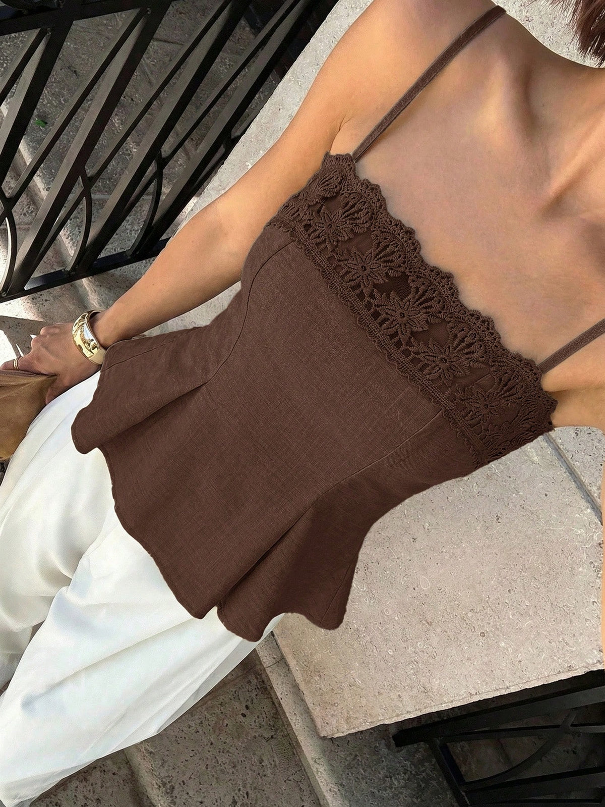 Siren Gaze Women's Solid Color Contrast Lace Pleated Hem Camisole Tank Top