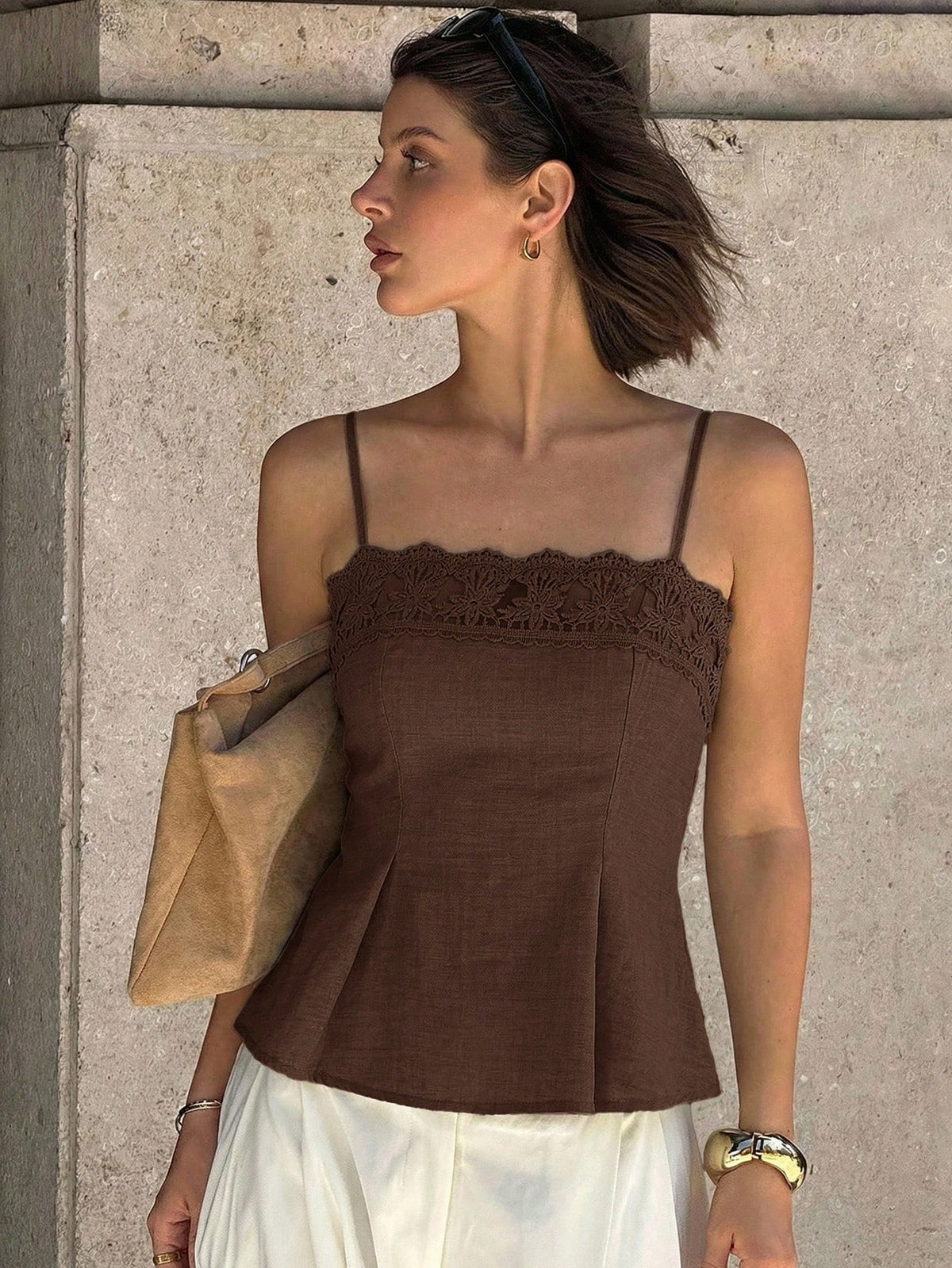 Siren Gaze Women's Solid Color Contrast Lace Pleated Hem Camisole Tank Top
