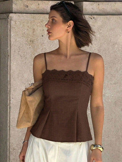 Siren Gaze Women's Solid Color Contrast Lace Pleated Hem Camisole Tank Top