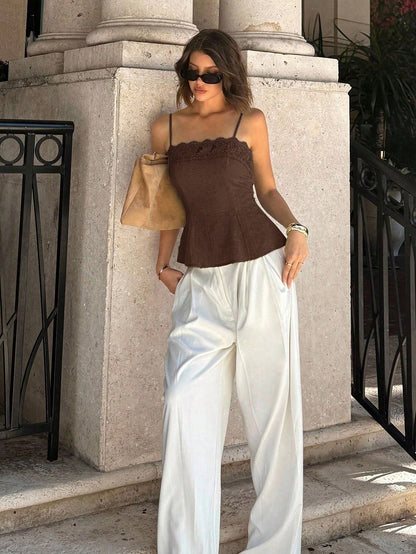 Siren Gaze Women's Solid Color Contrast Lace Pleated Hem Camisole Tank Top