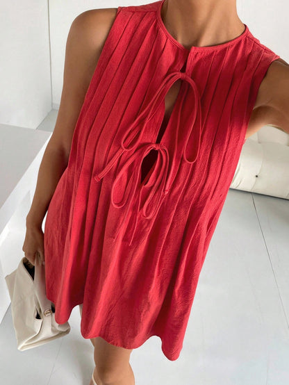 Siren Gaze Women's Solid Color Front Tie Sleeveless Casual Simple Mini Dress Christmas New Year Red Summer Vacation Valentine's Day Holiday Resort