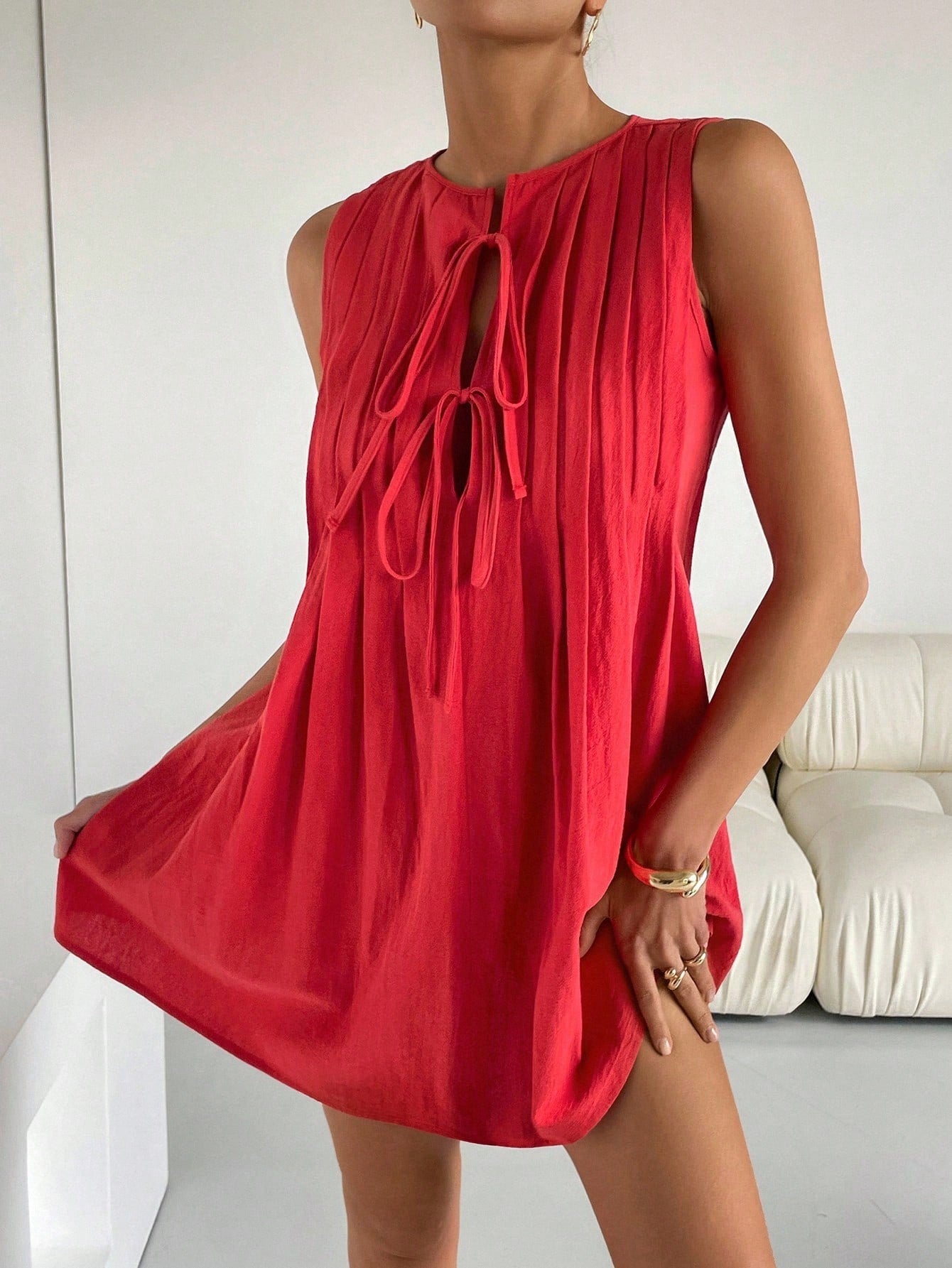 Siren Gaze Women's Solid Color Front Tie Sleeveless Casual Simple Mini Dress Christmas New Year Red Summer Vacation Valentine's Day Holiday Resort