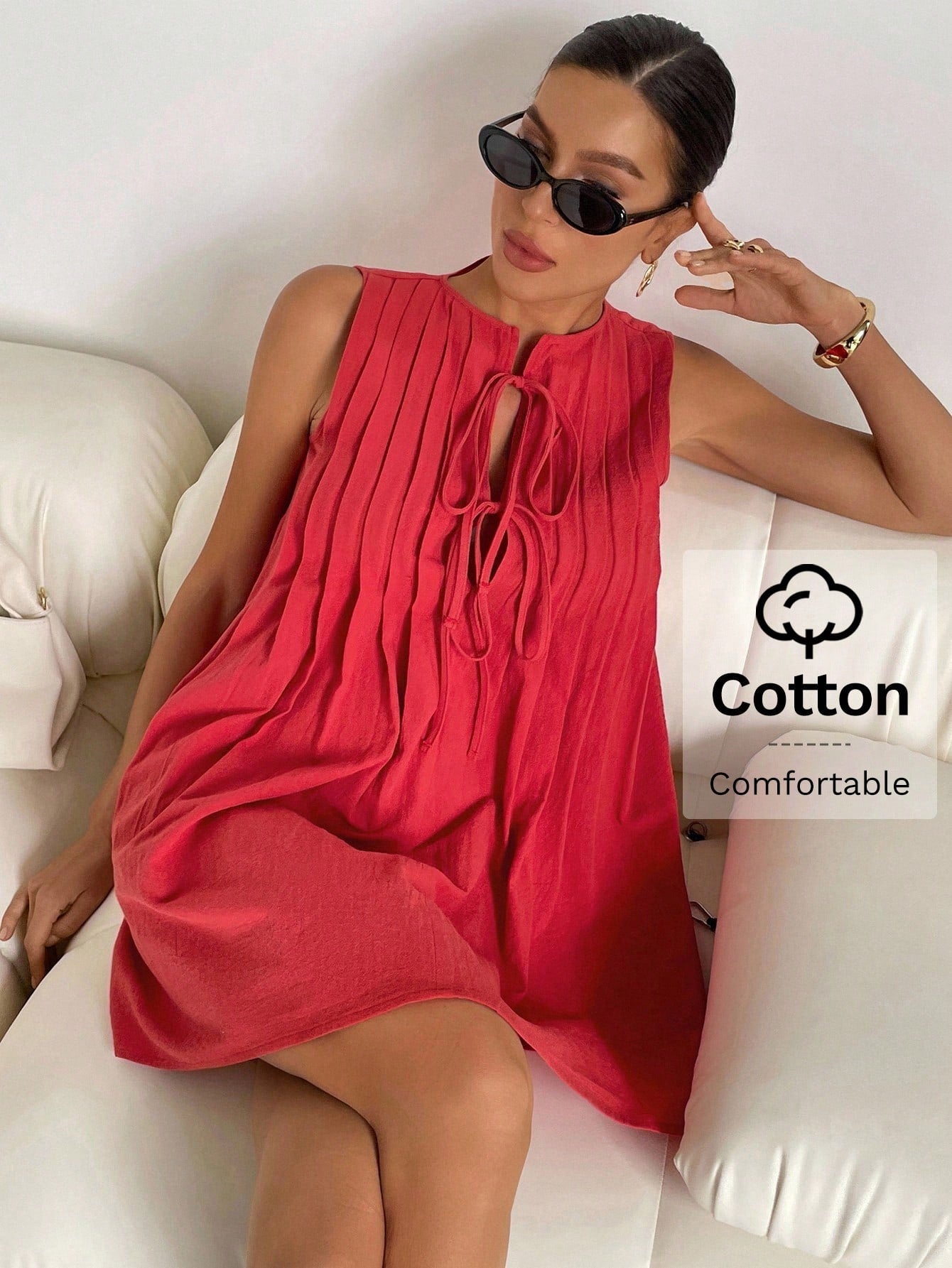 Siren Gaze Women's Solid Color Front Tie Sleeveless Casual Simple Mini Dress Christmas New Year Red Summer Vacation Valentine's Day Holiday Resort