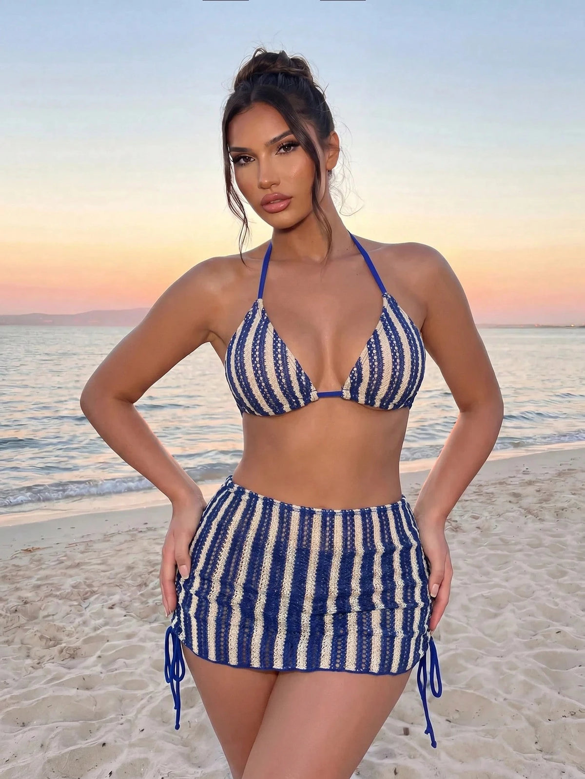 Sirith Women's 3 PiecesBikini Swimwear Set, Sexy Casual Striped Swimwear For Beach, Island, Pool Party Crochet Bikini Set