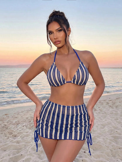 Sirith Women's 3 PiecesBikini Swimwear Set, Sexy Casual Striped Swimwear For Beach, Island, Pool Party Crochet Bikini Set