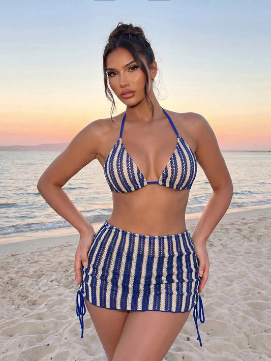Sirith Women's 3 PiecesBikini Swimwear Set, Sexy Casual Striped Swimwear For Beach, Island, Pool Party Crochet Bikini Set