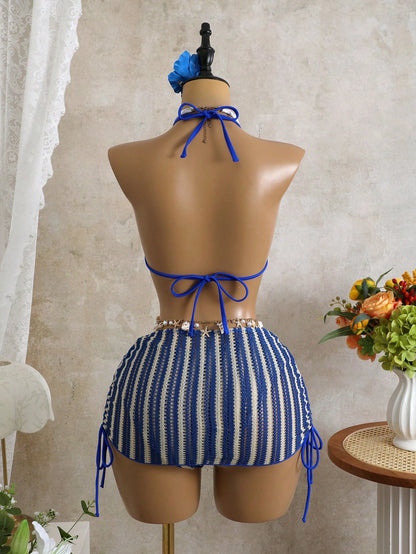 Sirith Women's 3 PiecesBikini Swimwear Set, Sexy Casual Striped Swimwear For Beach, Island, Pool Party Crochet Bikini Set