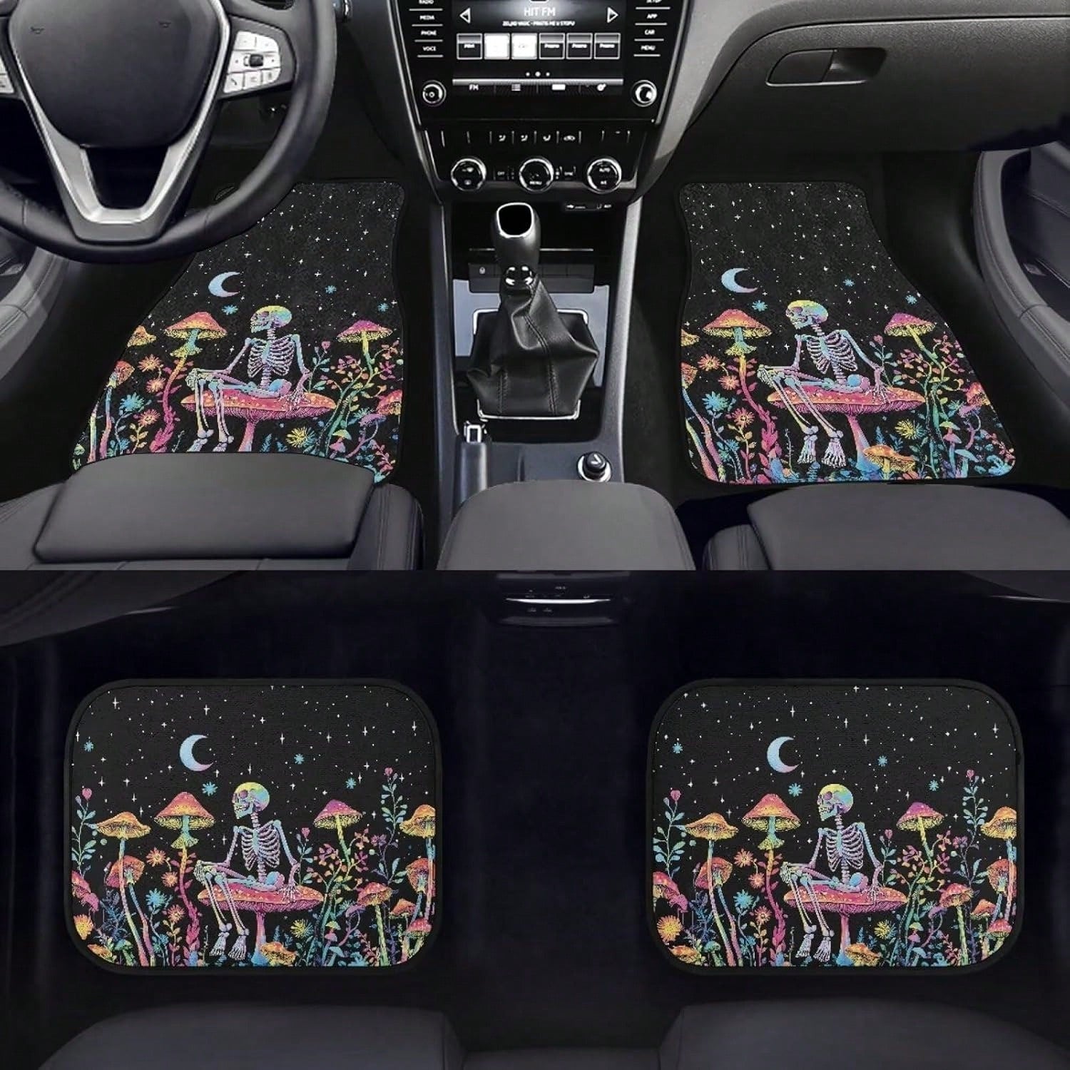 Skull Mushroom Starry Night Car Floor Mat Set (4-Piece Set) Unisex Car Decoration Halloween Theme Front And Rear Floor Mats Thickened All-Season Carpet