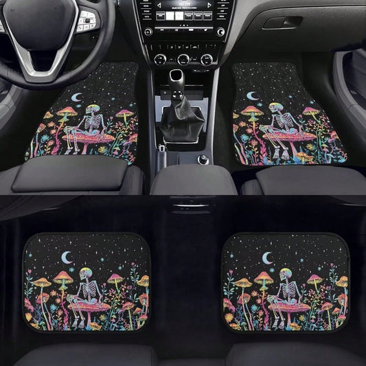 Skull Mushroom Starry Night Car Floor Mat Set (4-Piece Set) Unisex Car Decoration Halloween Theme Front And Rear Floor Mats Thickened All-Season Carpet