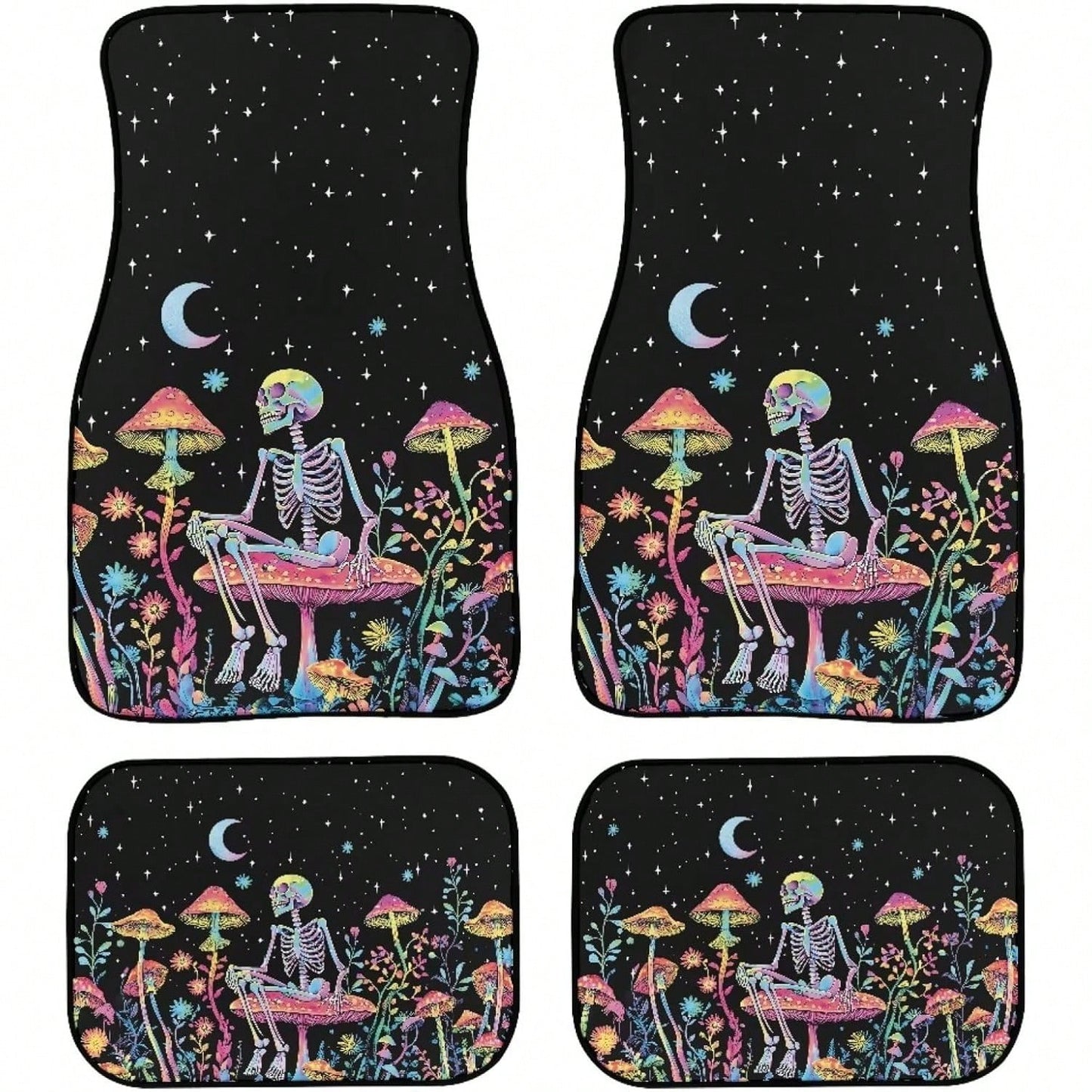 Skull Mushroom Starry Night Car Floor Mat Set (4-Piece Set) Unisex Car Decoration Halloween Theme Front And Rear Floor Mats Thickened All-Season Carpet
