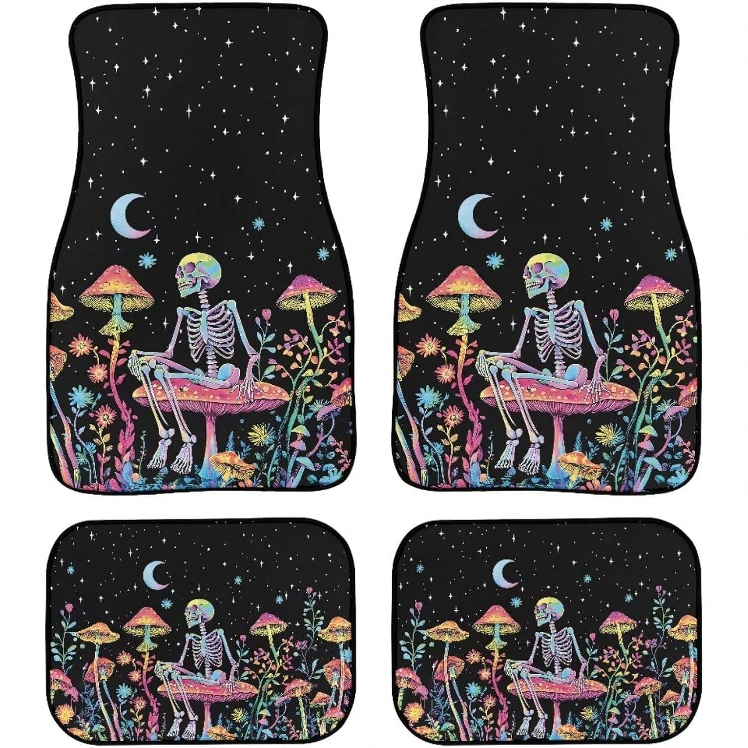 Skull Mushroom Starry Night Car Floor Mat Set (4-Piece Set) Unisex Car Decoration Halloween Theme Front And Rear Floor Mats Thickened All-Season Carpet