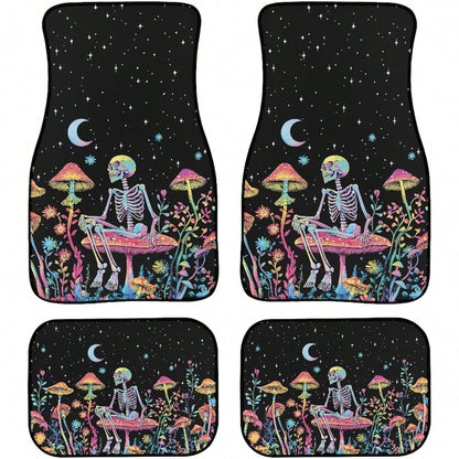 Skull Mushroom Starry Night Car Floor Mat Set (4-Piece Set) Unisex Car Decoration Halloween Theme Front And Rear Floor Mats Thickened All-Season Carpet