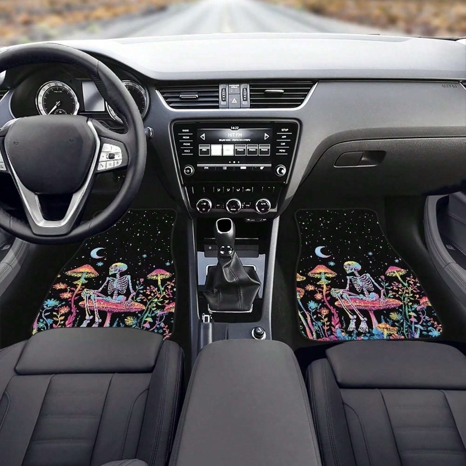 Skull Mushroom Starry Night Car Floor Mat Set (4-Piece Set) Unisex Car Decoration Halloween Theme Front And Rear Floor Mats Thickened All-Season Carpet