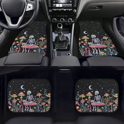 Skull Mushroom Starry Night Car Floor Mat Set (4-Piece Set) Unisex Car Decoration Halloween Theme Front And Rear Floor Mats Thickened All-Season Carpet
