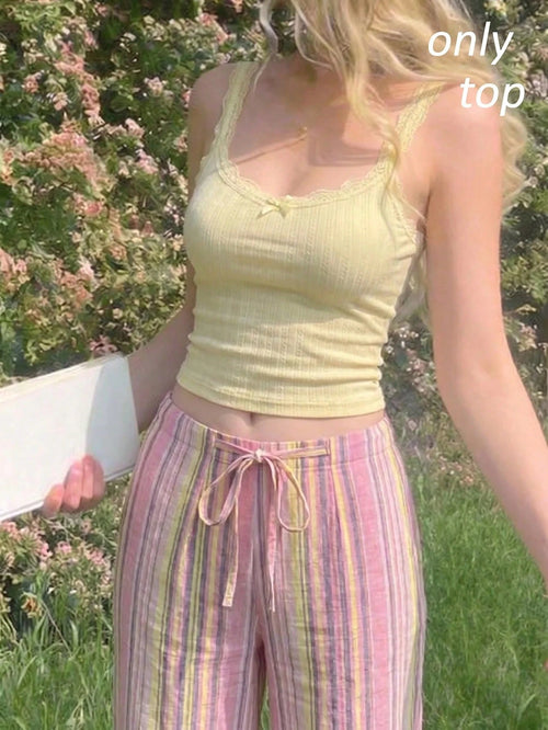Skyraze Cute Solid Color Cami Top With Pleated Lace Patchwork Bow, Singlet, Fall, Bow Top, Cute School Top, Back To School Top